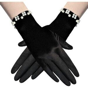 Women's Elegant Black Floral Short Lace Wrist Gloves Bridal Dinner Party Prom